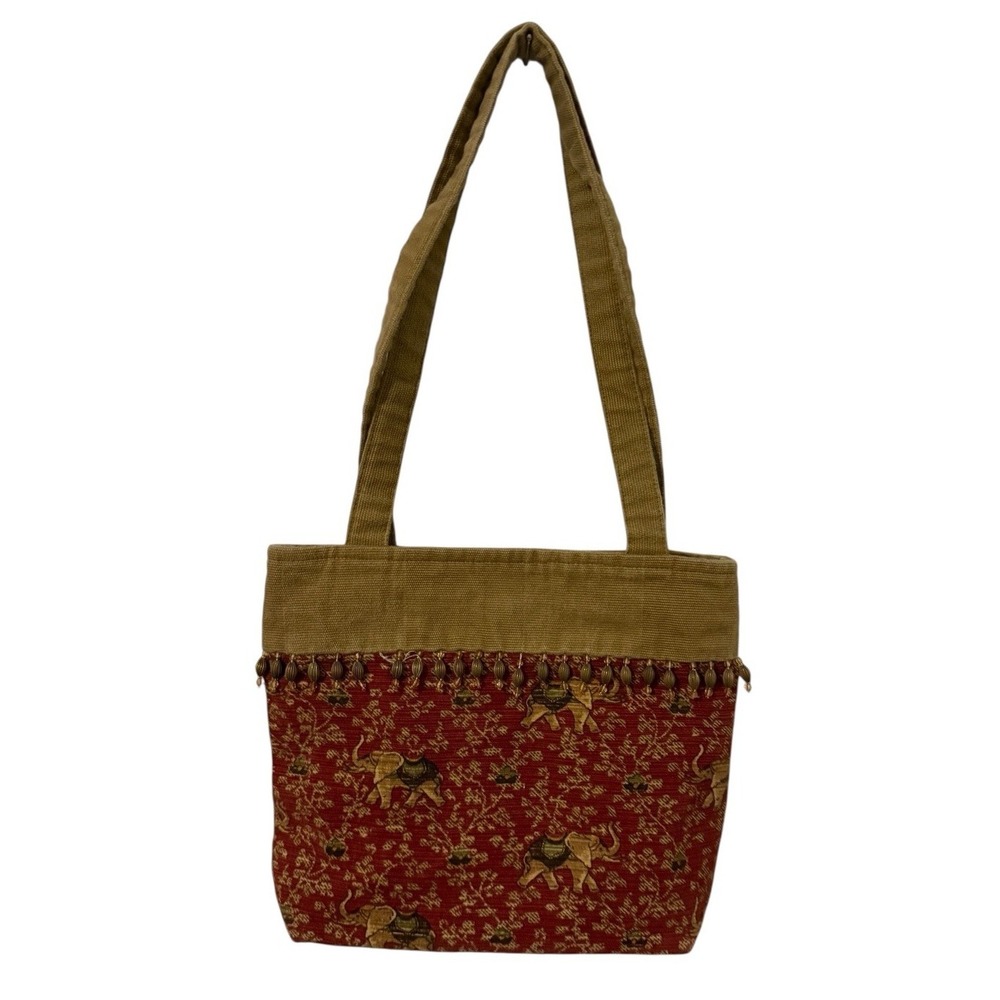 Elephant Purse Tote  Bag Tan Maroon Beads Safari African Pockets Inside Zipper - Picture 5 of 6